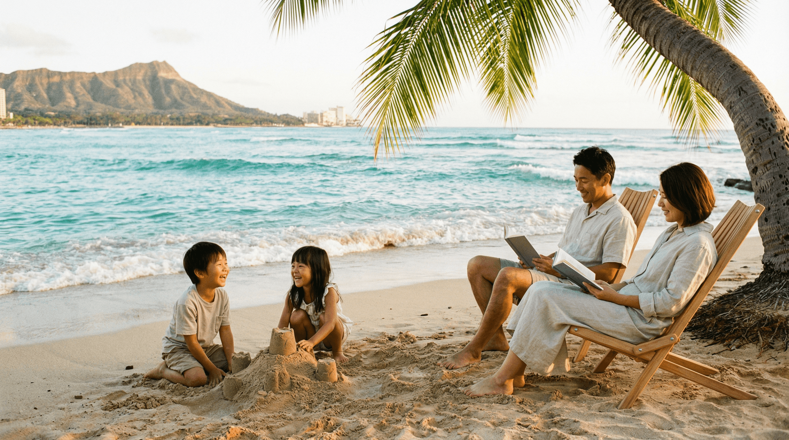 ハワイのビーチでリラックスする家族